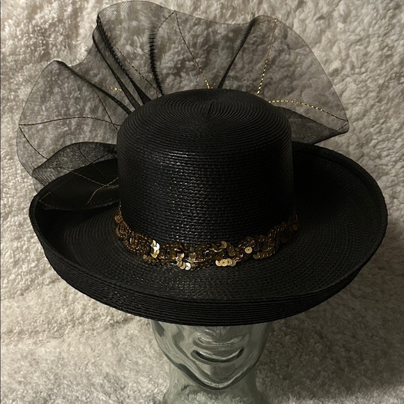 Elegant Black straw Hat with Gold Sequin Band and netting. main image 4